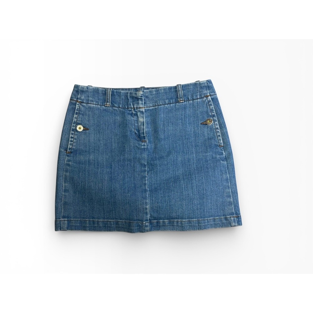 J Crew Y2K Denim Mini Skirt sz 0 Medium Wash Button‎ Pockets Stretch Low Rise